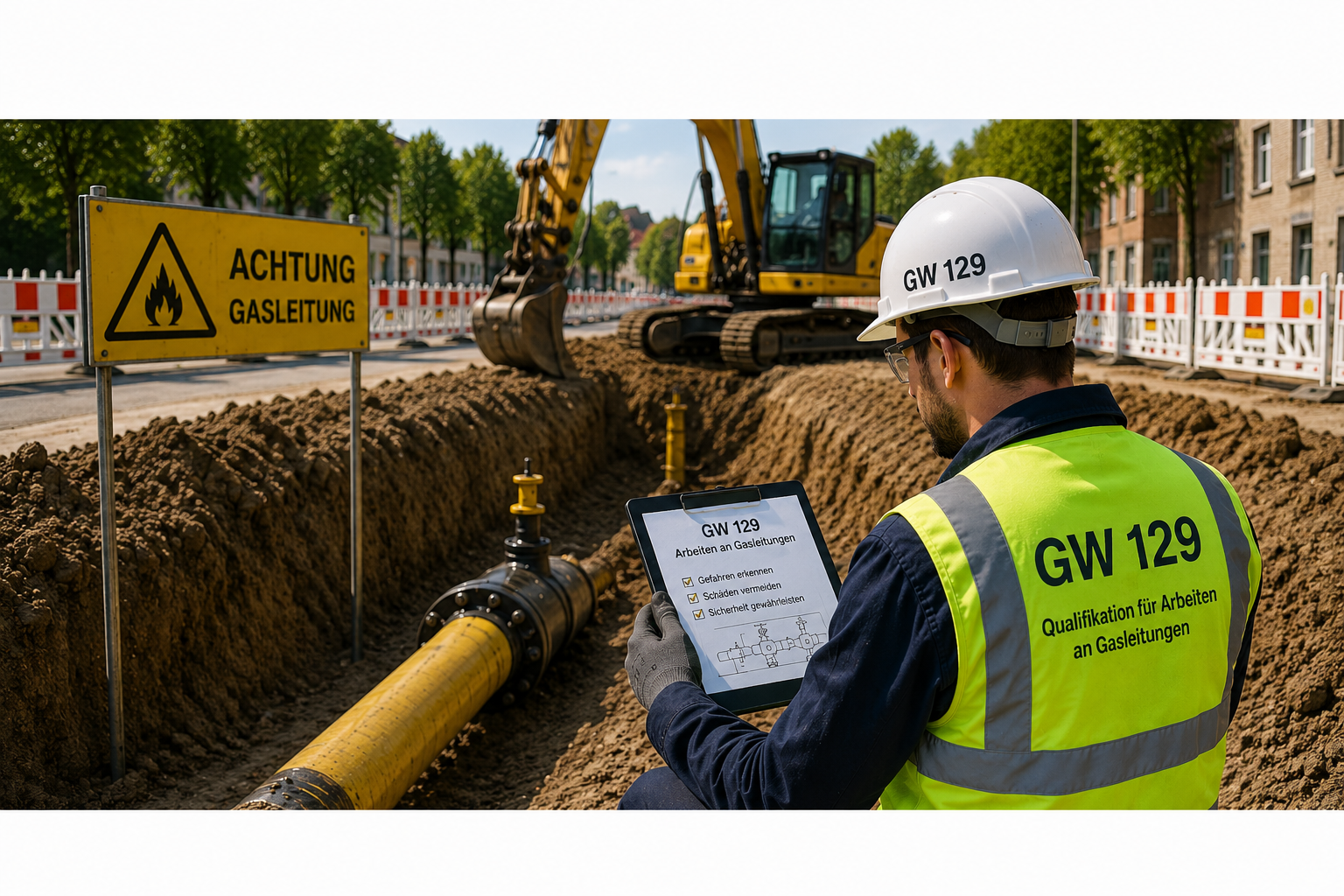 Mitarbeiter mit GW 129 Qualifikation bei Arbeiten an einer Gasleitung auf einer Tiefbaustelle