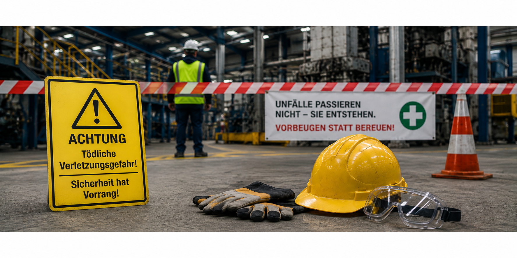 Warnschild vor Unfallgefahr in einer Industriehalle mit Schutzausrüstung und Fokus auf Arbeitssicherheit