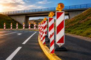 Leitbaken mit Warnleuchten an einer Arbeitsstelle auf der Straße – Verkehrssicherung nach RSA 21