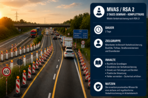 Kursgrafik MVAS/RSA 2-Tages-Seminar inkl. Autobahnen: Dauer, Zielgruppe, Inhalte und Nutzen
